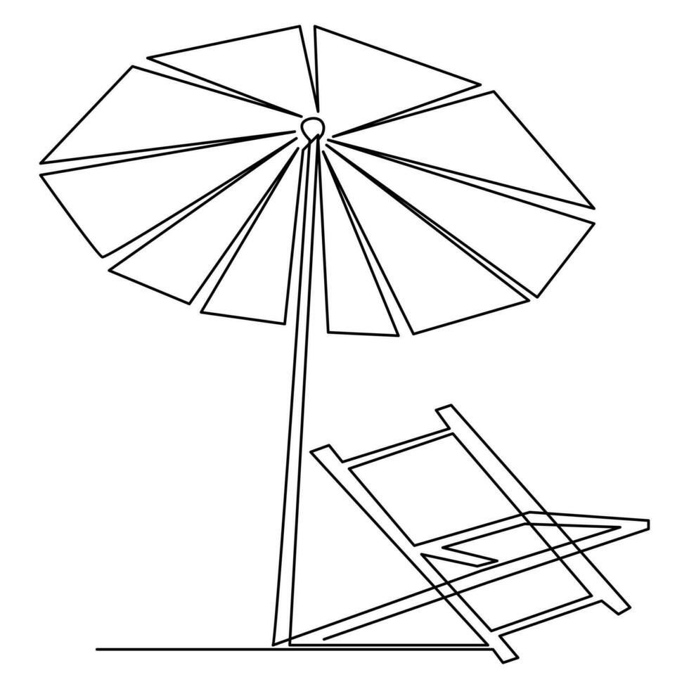 kontinuierlich Single Linie Kunst Zeichnung von Strand Regenschirm und Stuhl zum Sommer- Urlaub Gliederung Vektor Illustration