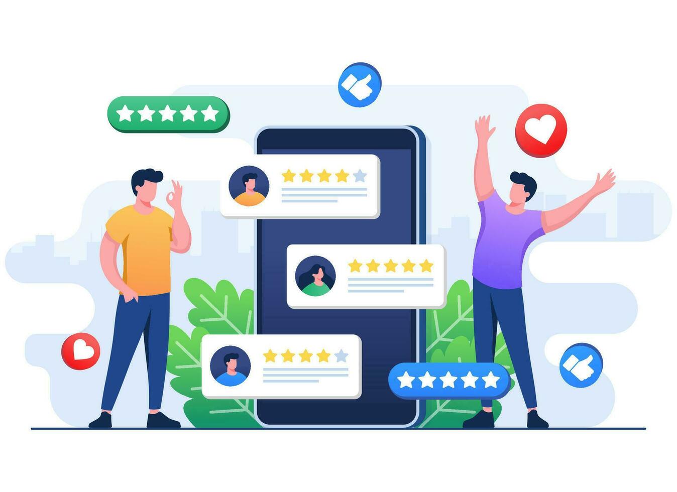 Kunde Feedback eben Illustration Banner zum ui ux, Sozial Medien, positiv Bewertungen auf Smartphone, Kunde Zufriedenheit, Rezension, online Umfrage, Menschen bewerten Produkt, Service, Anwendung, Webseite vektor