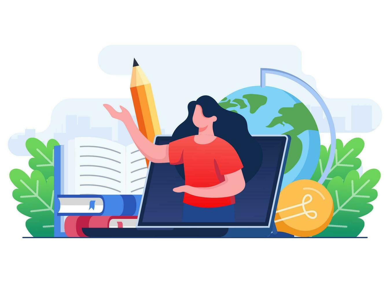 weiblich Lehrer Lehren auf Laptop Bildschirm eben Vektor Illustration, online Ausbildung, E-Learning, online Kurs, online Webinar, Video Lernprogramm