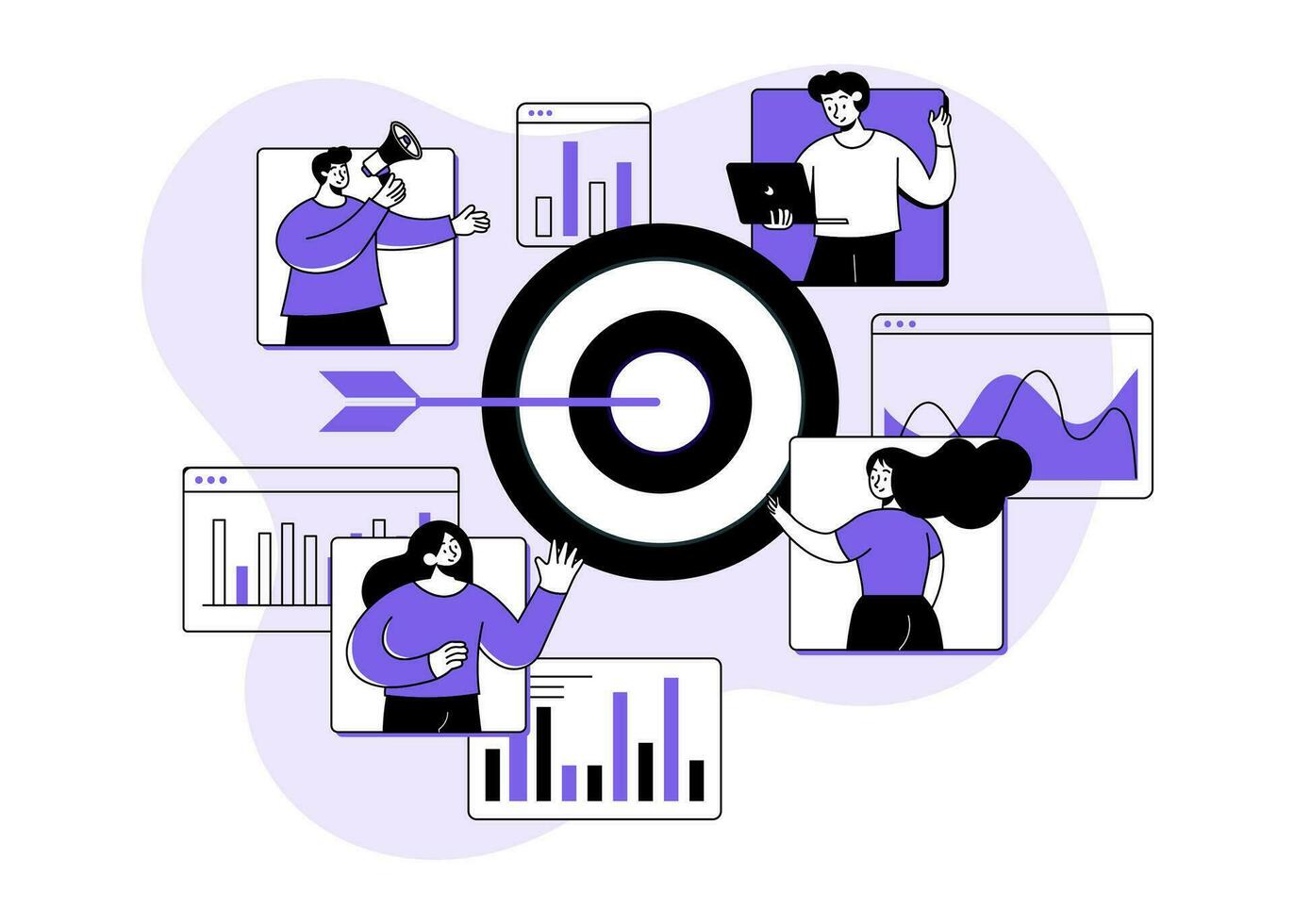 Mannschaft von Geschäft Menschen Arbeiten zusammen, Arbeitsablauf Management, Wirksam und produktiv Zusammenarbeit, entfernt Arbeitsablauf, online Geschäft Kommunikation, Fernbedienung Arbeit Prozess eben Illustration, Treffen vektor