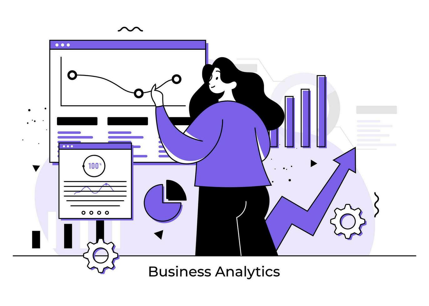 Geschäft Frau Analysieren und Überwachung finanziell Daten, Geschäft Analytik, und Forschung, Geschäft finanziell Planung, Geschäft Strategie, Analyse Konzept zum Netz Banner, Landung Buchseite, Infografiken vektor