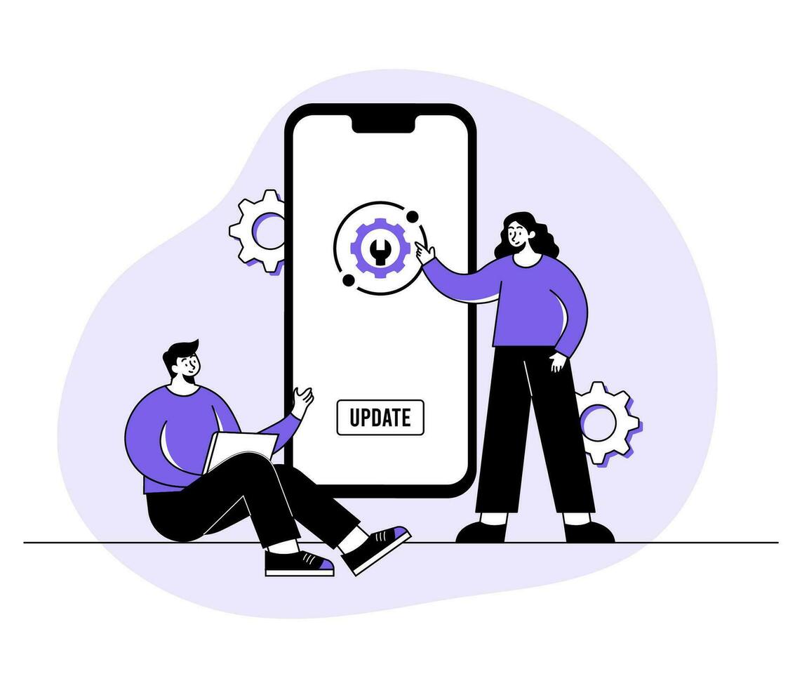 Smartphone mit Software aktualisieren Bildschirm eben Vektor Illustration, System Wartung, aktualisieren Verfahren, Installieren Software, Betriebs System, pc Fehler Festsetzung, System oder Netz Anwendung Aktualisierung Verfahren