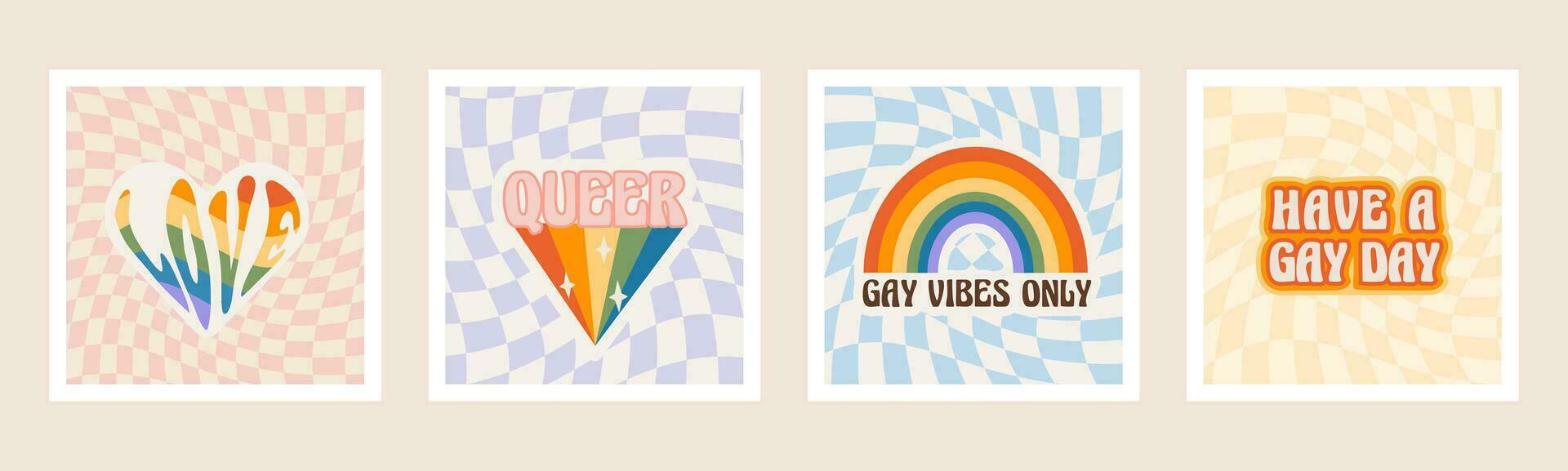 stolthet månad fyrkant kort med regnbåge, lgbtq symboler, fraser och slagord. uppsättning av queer social media posta med förvrängd checkerboard på bakgrund. HBTQ baner i retro häftig 60s 70s stil. vektor. vektor