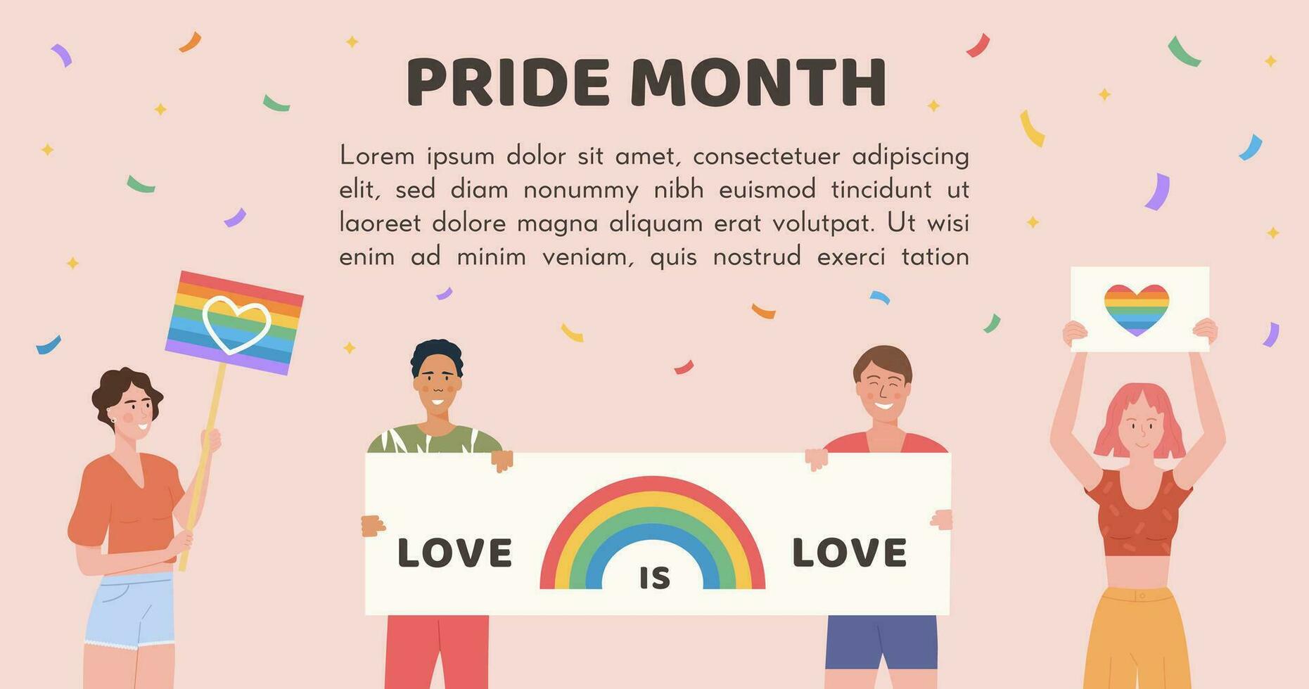 vektor baner för stolthet månad. människor innehav plakat med regnbåge hjärta och annorlunda slogan, tecken och symboler på stolthet parad firande. grupp av Gay, lesbisk, transpersoner. platt illustration.