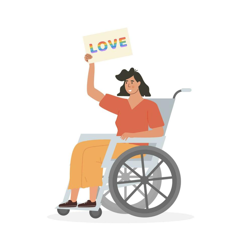 lgtb aktivist på rullstol innehav plakat med ord kärlek i regnbåge färger på stolthet parad. handikappade Inaktiverad lesbisk flicka på protest för likvärdig rättigheter. vektor platt karaktär på vit. mångfald.