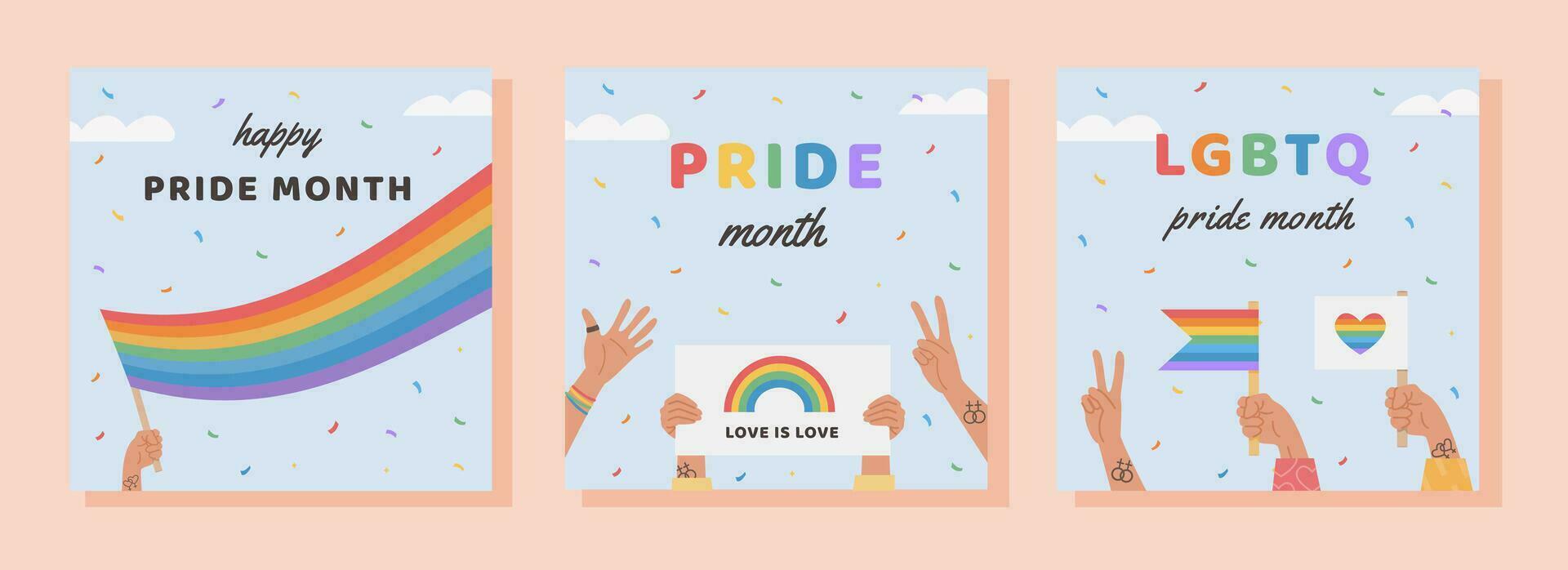 vektor fyrkant baner mall uppsättning med lgbtq symboler. social media posta, berättelser med människor hand innehav flaggor och plakat. affisch med HBTQ regnbåge flagga. platt stil illustration för stolthet månad.