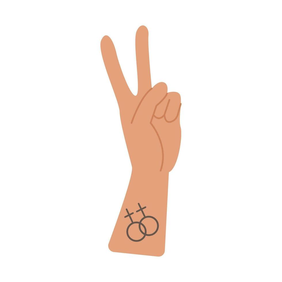 en person hand i fred gest med samma sex tatuering. element för stolthet månad firande. lesbisk, homosexuell symbol för lgtbq parad. ikon isolerat på vit bakgrund. vektor platt illustration.