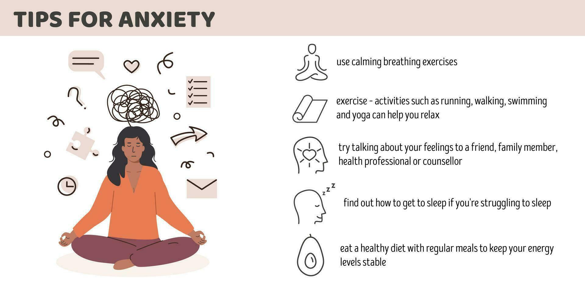 afrikansk eller asiatisk betonade kvinna med ångest oordning. användbar tips för ångest förvaltning infografik. angelägen person lidande med mental problem. mental hälsa begrepp. vektor illustration.