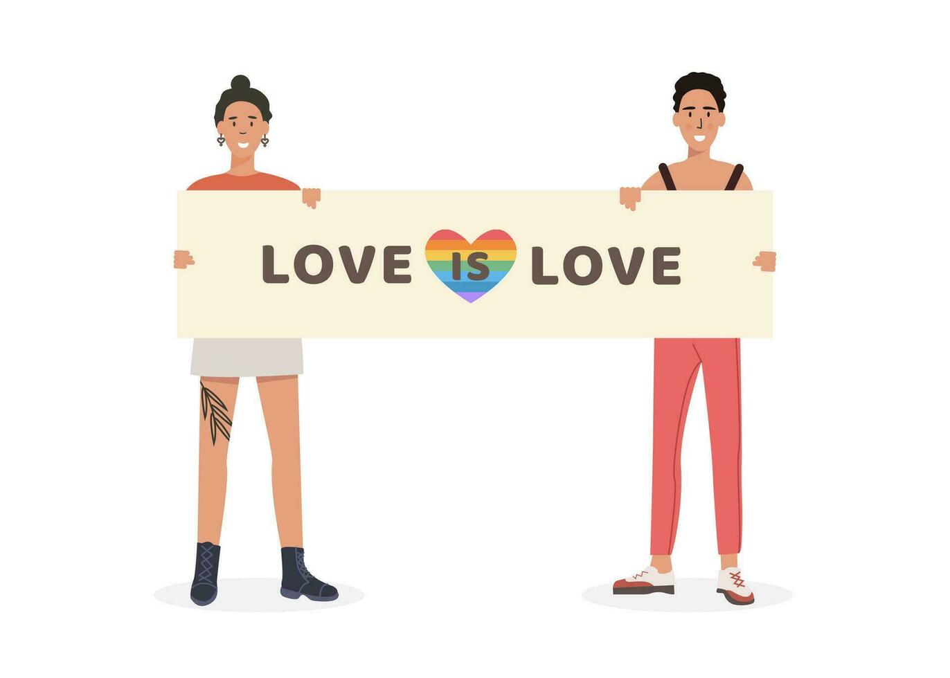 en Gay i skjorta med regnbåge flagga och Övrig queer symboler på stolthet parad innehav plakat med samma sex tecken. män på demonstration för likvärdig rättigheter. lgtb aktivist. vektor platt karaktär på vit.