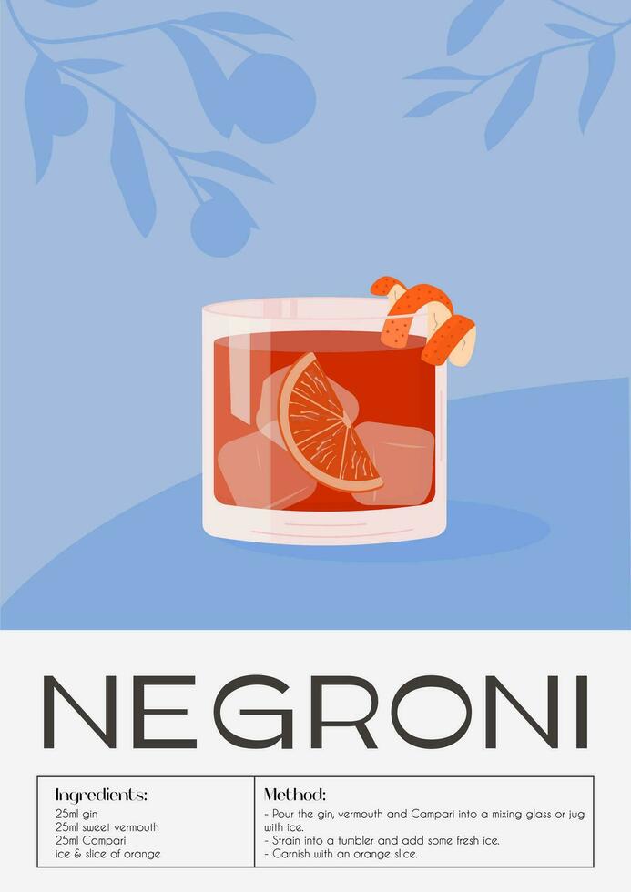 zeitgenössisch Poster von Negroni Cocktail mit Orange Scheibe und Zitrusfrüchte schälen. klassisch Italienisch alkoholisch Getränk Rezept. trinken im alt gestaltet Glas mit Eis. modisch retro Plakat. Vektor Illustration.