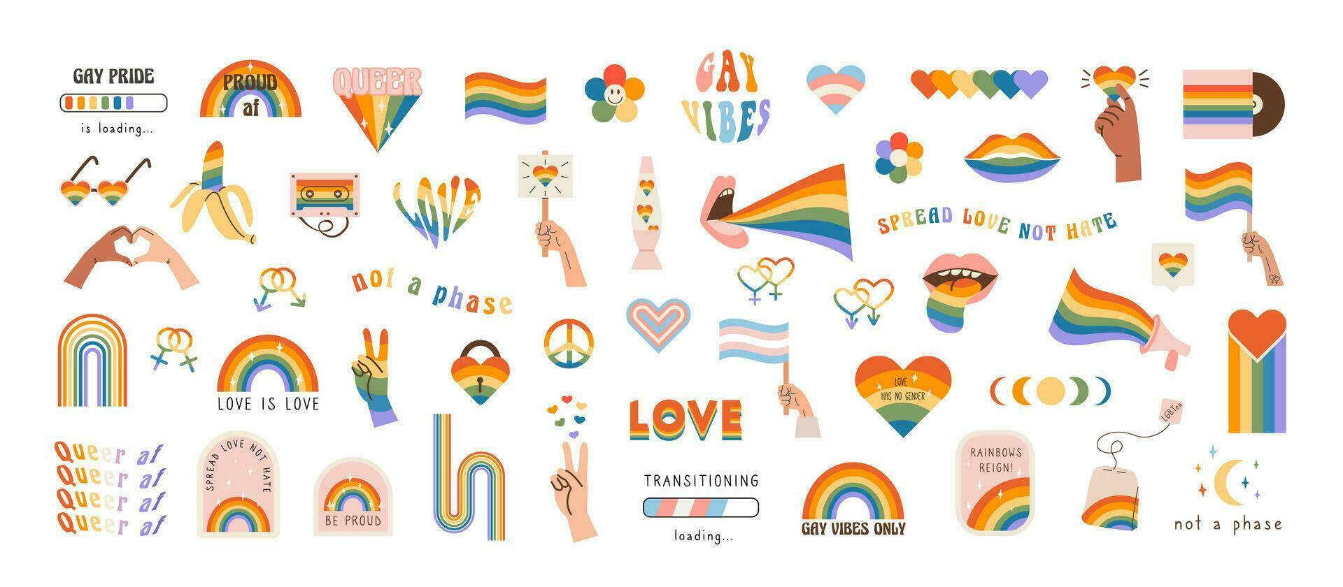 vektor uppsättning av lgbtq gemenskap symboler med stolthet flaggor, kön tecken, retro regnbåge färgad element. stolthet månad klistermärken. Gay parad häftig firande. HBTQ platt stil ikoner och slogan samling.