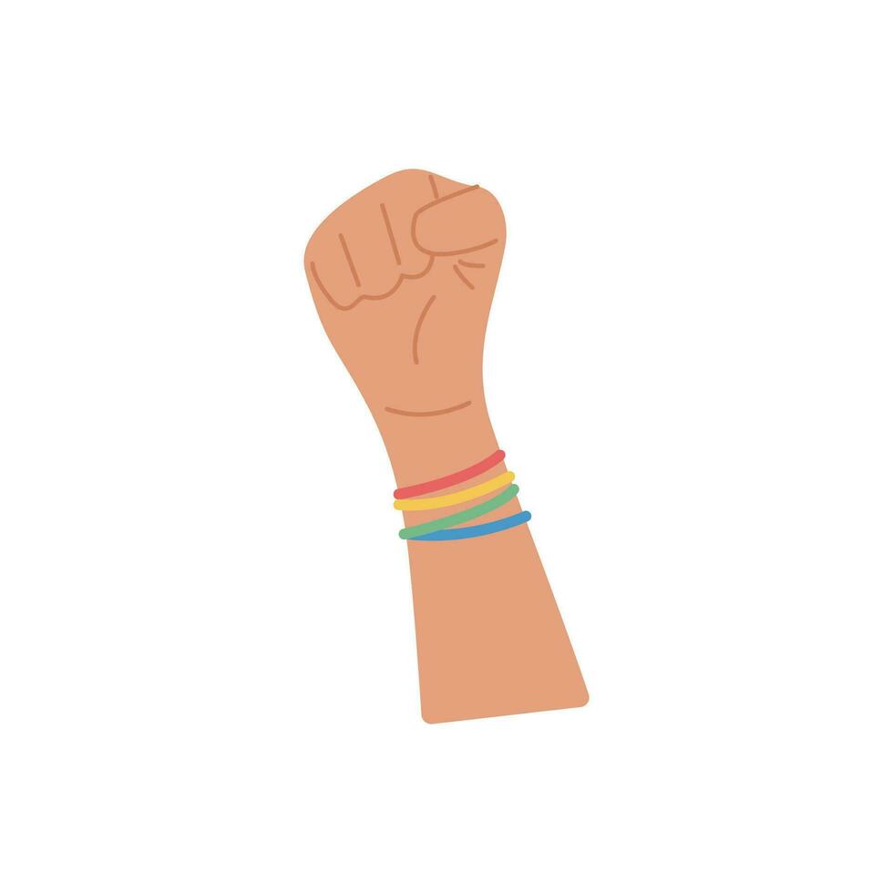 en person vinka hand med ringa och regnbåge färgad dekoration. element för stolthet månad firande. lesbisk, Gay, homosexuell symbol för lgtbq parad. vektor illustration isolerat på vit bakgrund.