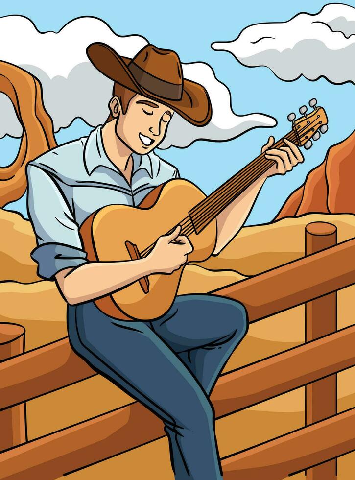 cowboy spelar gitarr färgad tecknad serie illustration vektor
