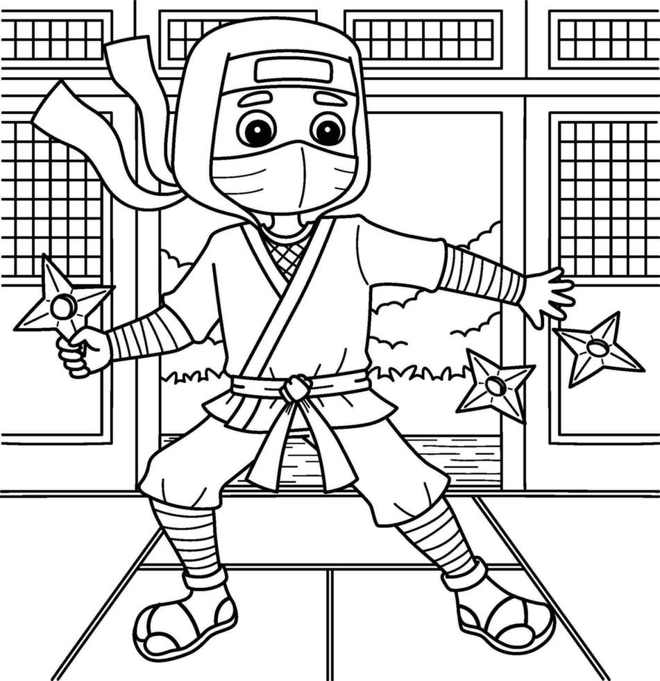 ninja kasta en shuriken färg sida för barn vektor