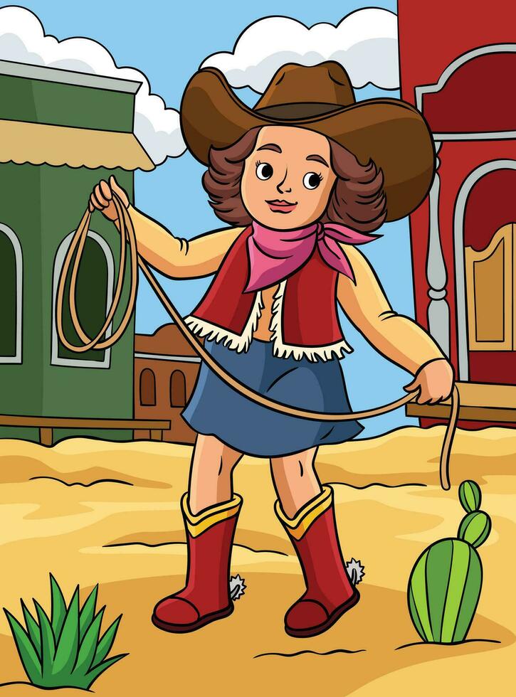 cowboy flicka med en rep färgad tecknad serie vektor