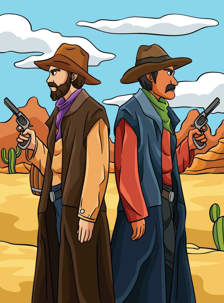 cowboy duell färgad tecknad serie illustration vektor