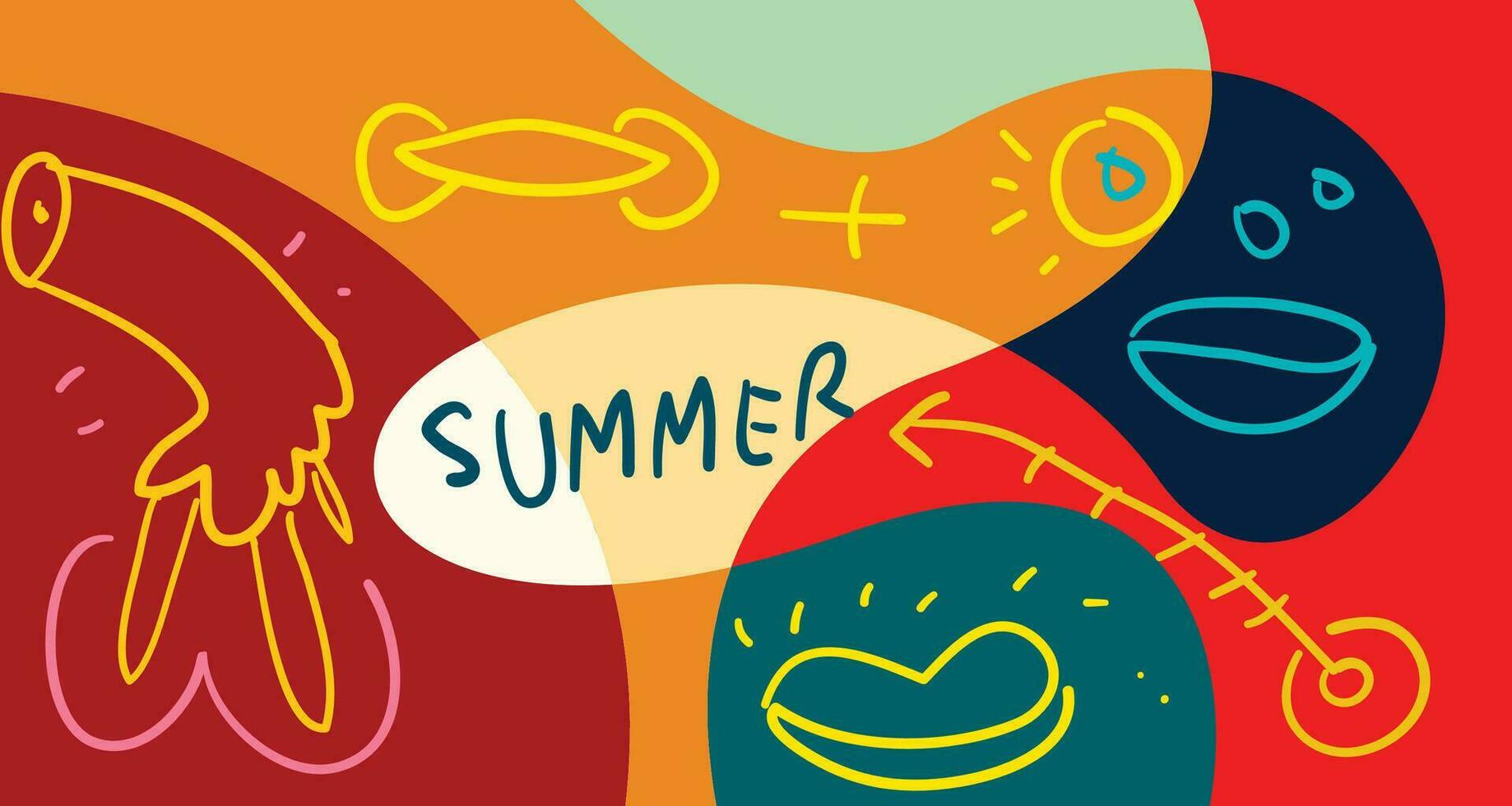 bunt Gekritzel Vektor Illustration Hintergrund zum Sommer- Urlaub 2024 Banner