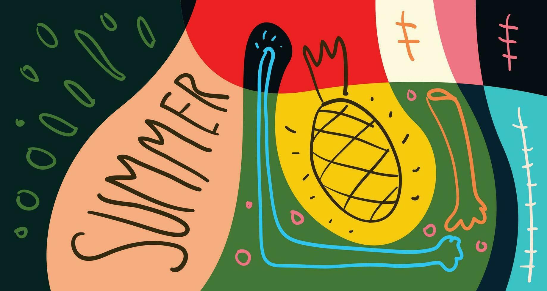 bunt Gekritzel Vektor Illustration Hintergrund zum Sommer- Urlaub 2024 Banner