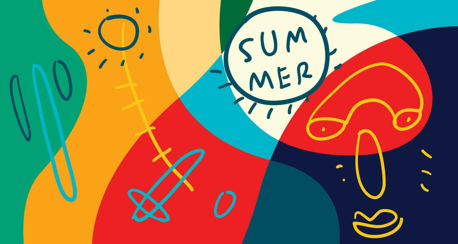 bunt Gekritzel Vektor Illustration Hintergrund zum Sommer- Urlaub 2024 Banner