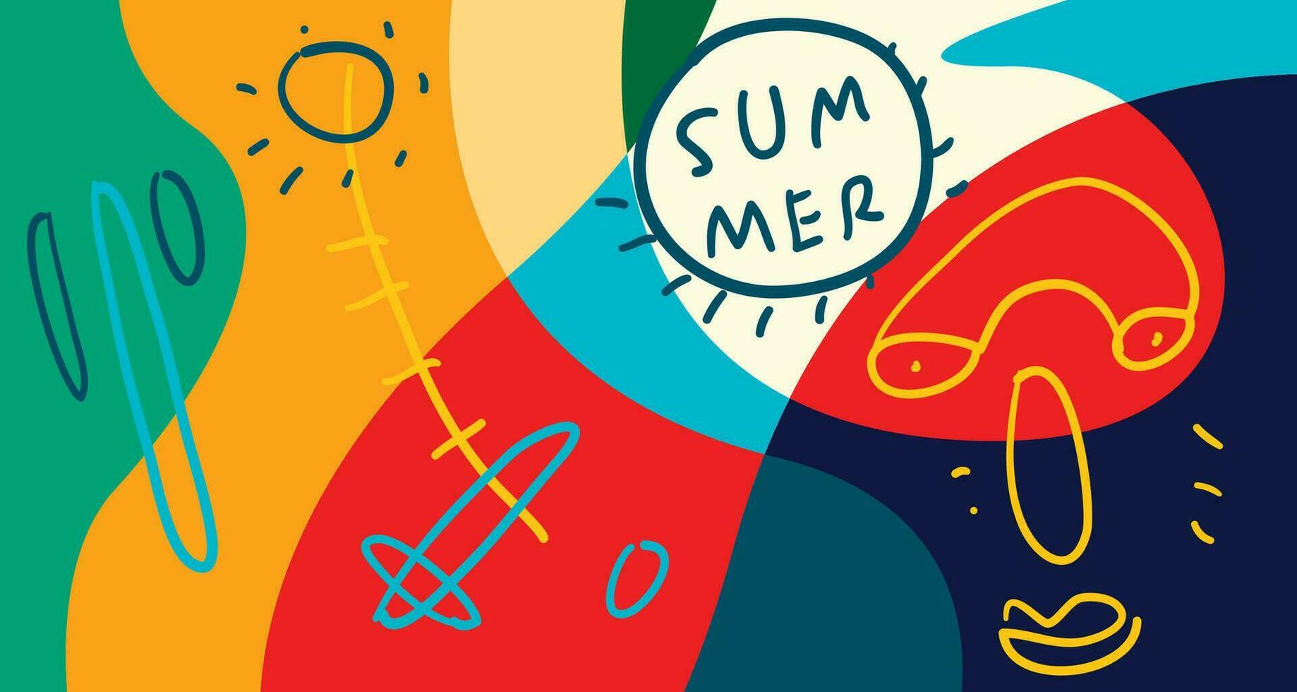 färgrik klotter vektor illustration bakgrund för sommar Semester 2024 baner