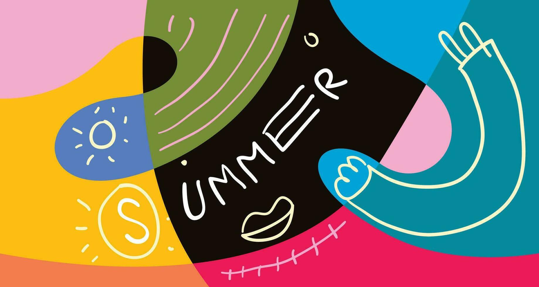 bunt Gekritzel Vektor Illustration Hintergrund zum Sommer- Urlaub 2024 Banner