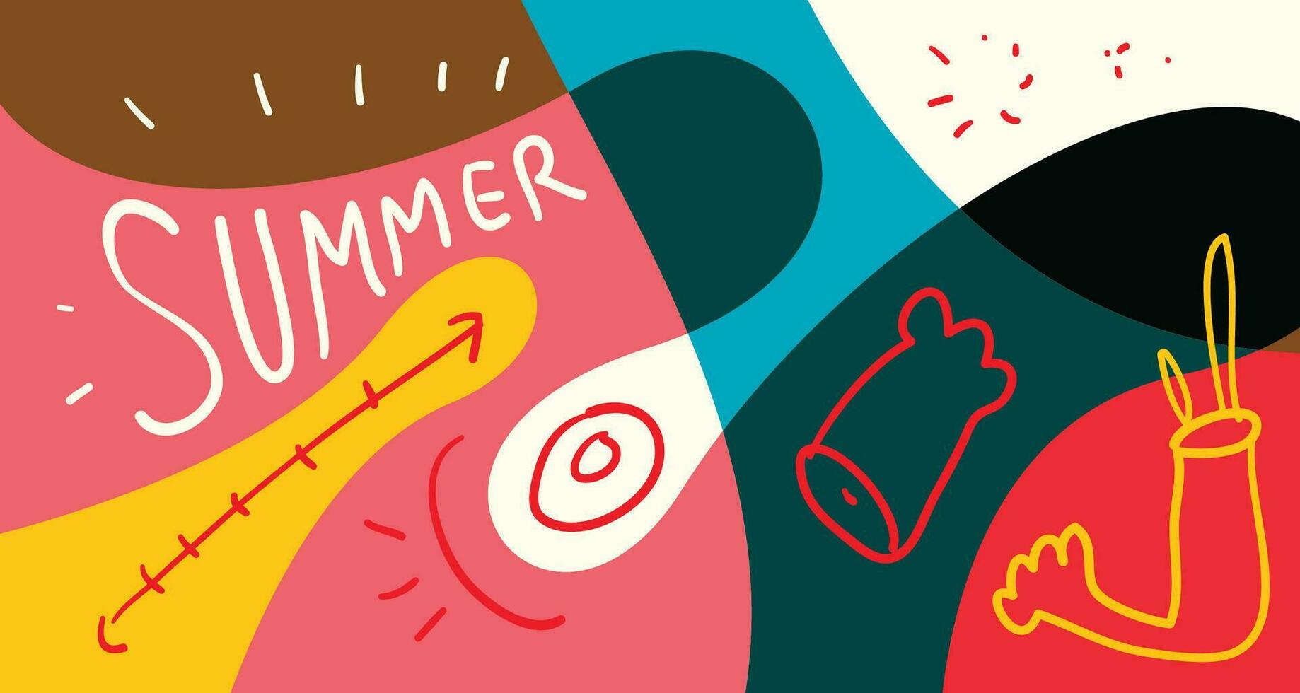 bunt Gekritzel Vektor Illustration Hintergrund zum Sommer- Urlaub 2024 Banner