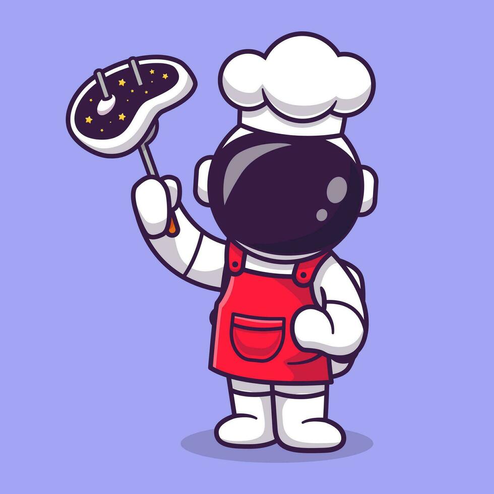 süß Astronaut Koch mit gegrillt Fleisch Karikatur Vektor Symbol Illustration. Wissenschaft Essen Symbol Konzept isoliert Prämie Vektor. eben Karikatur Stil