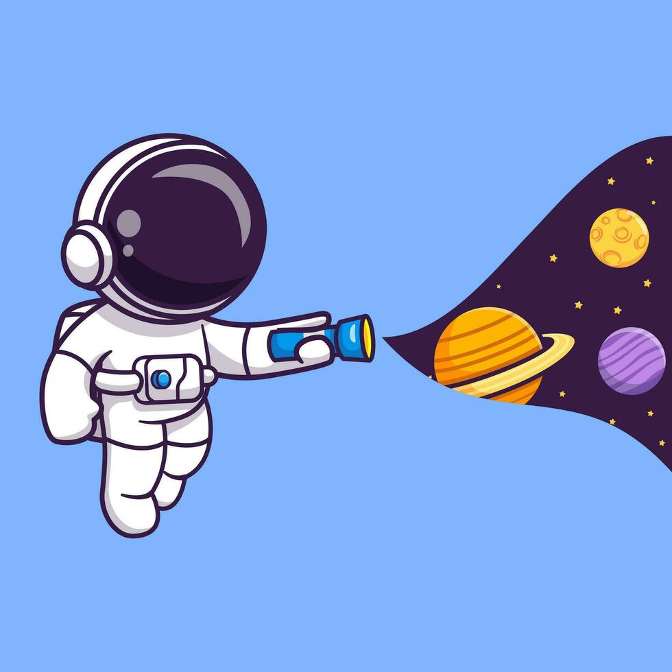süß Astronaut mit Taschenlampe im Raum Karikatur Vektor Symbol Illustration. Wissenschaft Technologie Symbol Konzept isoliert Prämie Vektor. eben Karikatur Stil