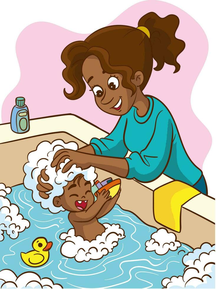 Vektor Illustration von Mutter Waschen ihr wenig Kind im das Badezimmer