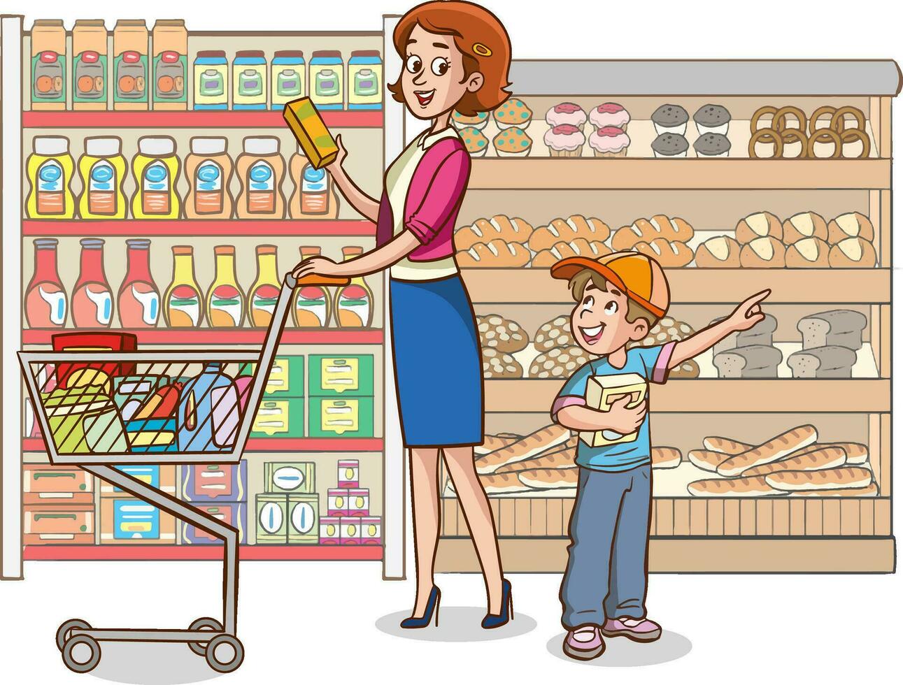 Mutter und Sohn Einkaufen im das Supermarkt. Vektor Illustration im Karikatur Stil