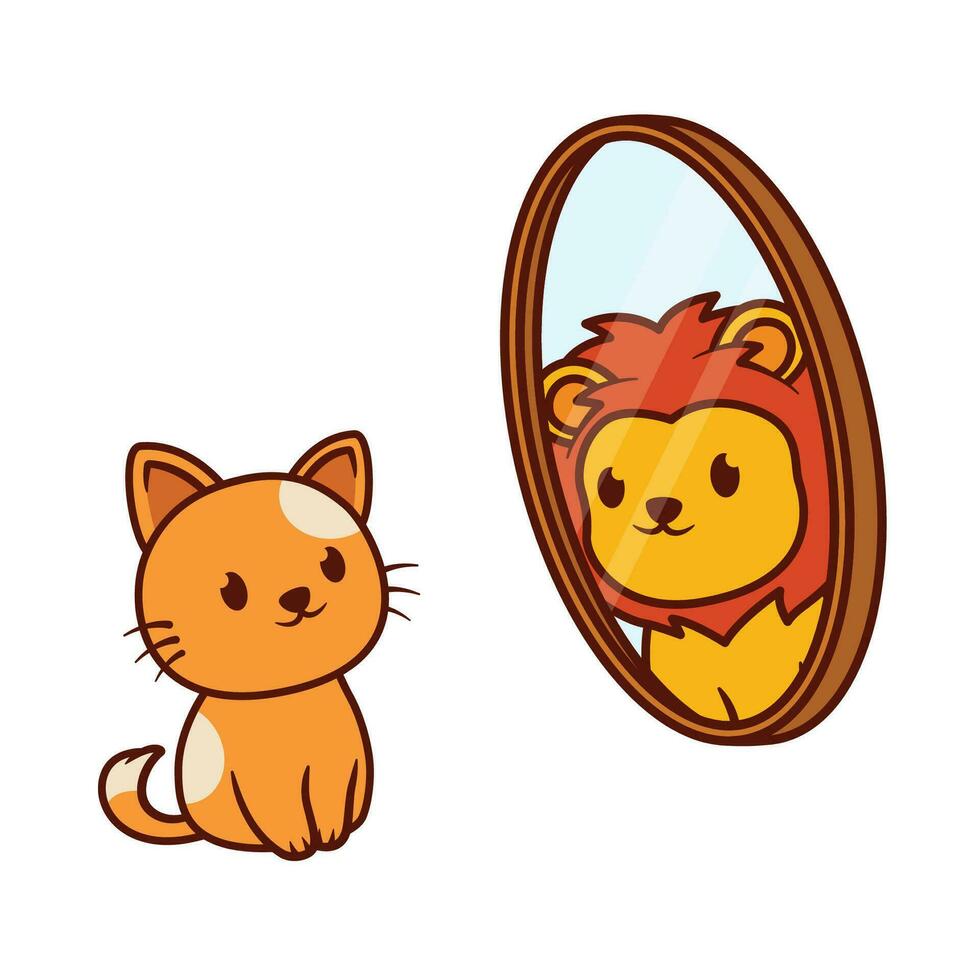 Illustration Design von ein Katze suchen im das Spiegel mit das Schatten von ein Löwe vektor