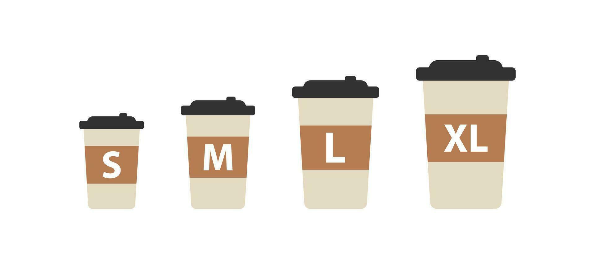 Papier Kaffee Tasse Größe Symbol. klein, Mittel und groß nehmen Weg trinken einstellen unterzeichnen. heiß Tee Getränk. Vektor Illustration.