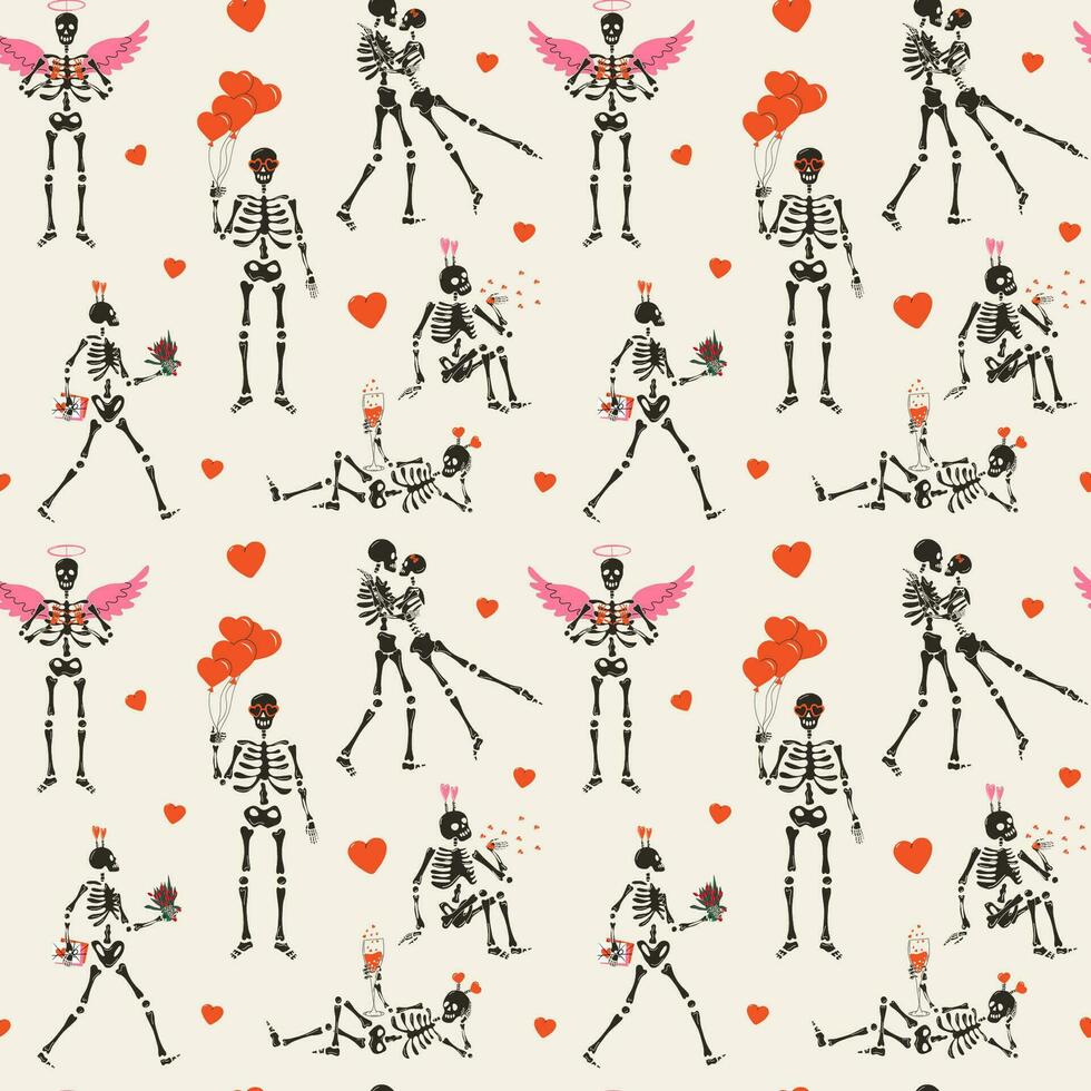 nahtlos Muster mit komisch Skelett mit Dekor zum Valentinstag Tag. vektor