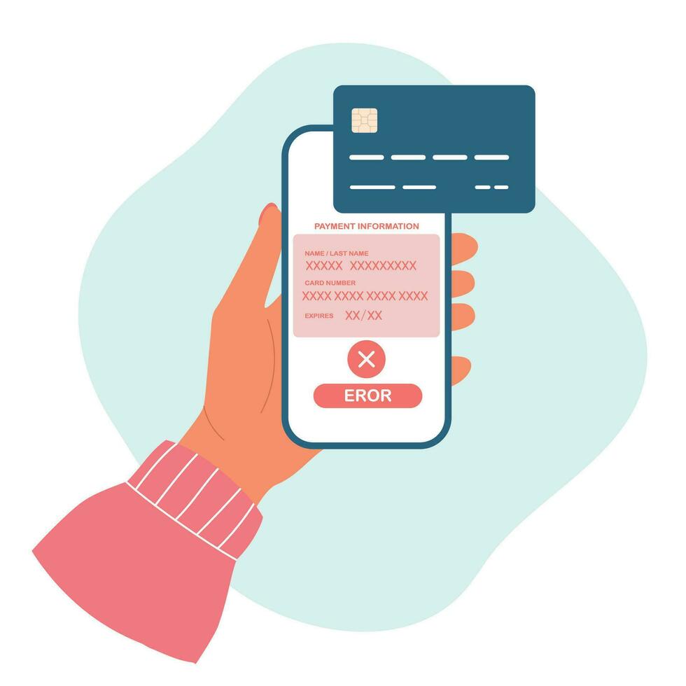 kontaktlos online Zahlung mit Error Zahlung Information auf Bildschirm. Hand hält ein Smartphone Vektor