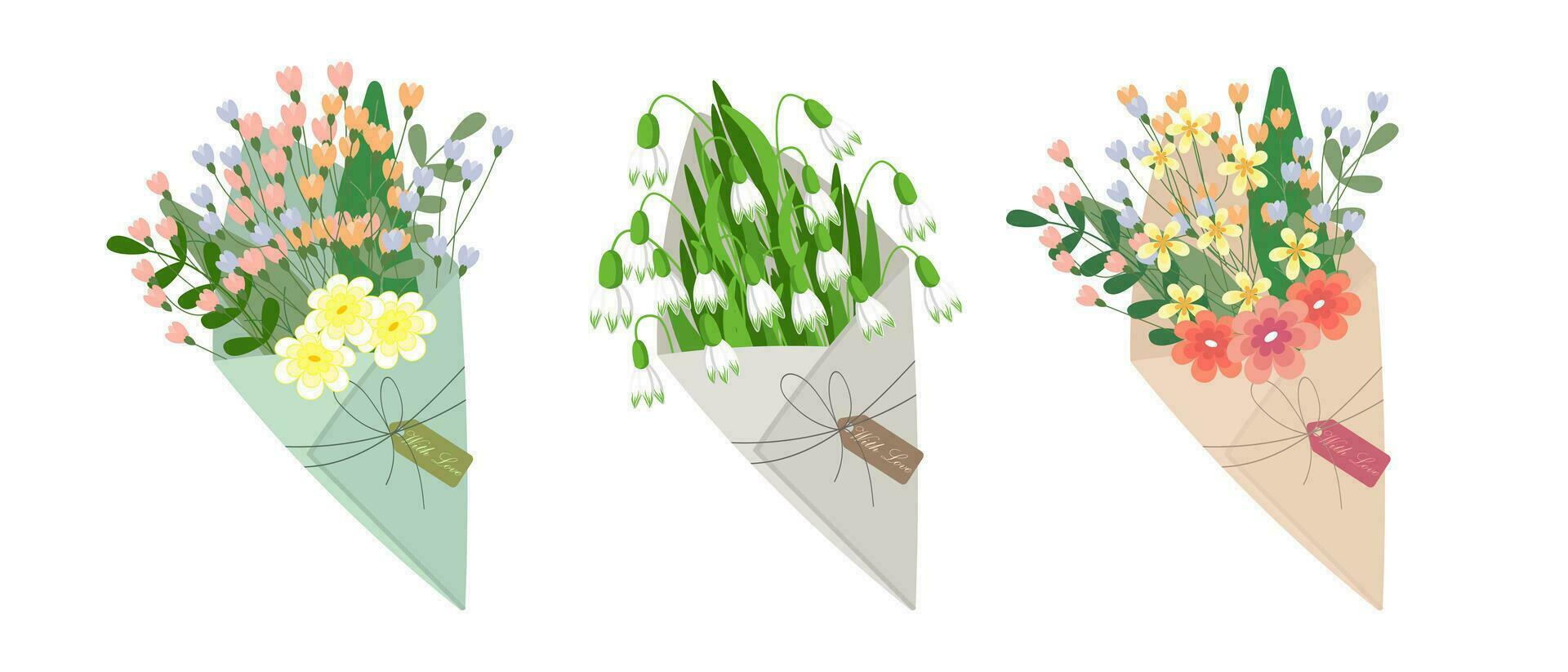 einstellen von Umschläge mit Blumen, Geschenk Symbole. Frühling Illustration, Gruß Symbole, Vektor