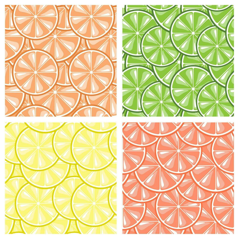 uppsättning av sömlös mönster, skivor av citrus- citroner, apelsiner, grapefrukt och lime med täcka över. bakgrunder, textilier, vektor