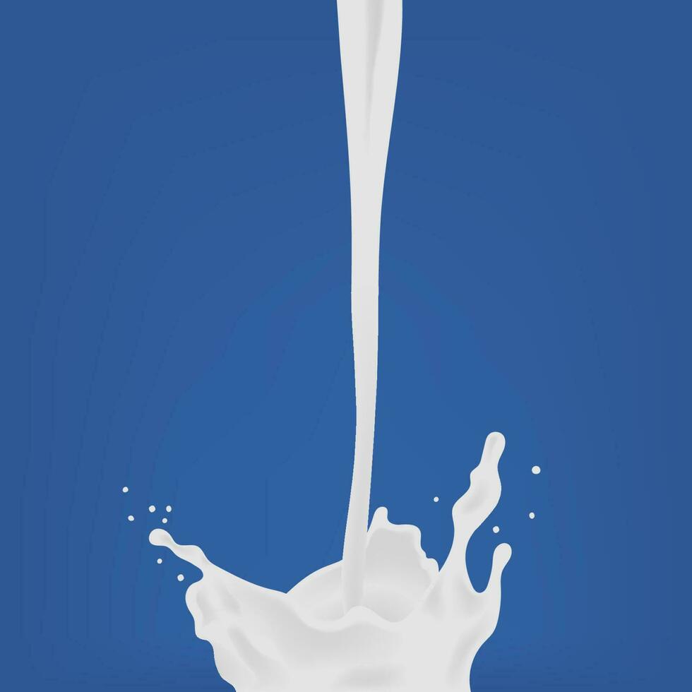 Gießen Milch. Milch fallen mit Spritzen. bunt realistisch Vektor Illustration auf Blau Hintergrund.
