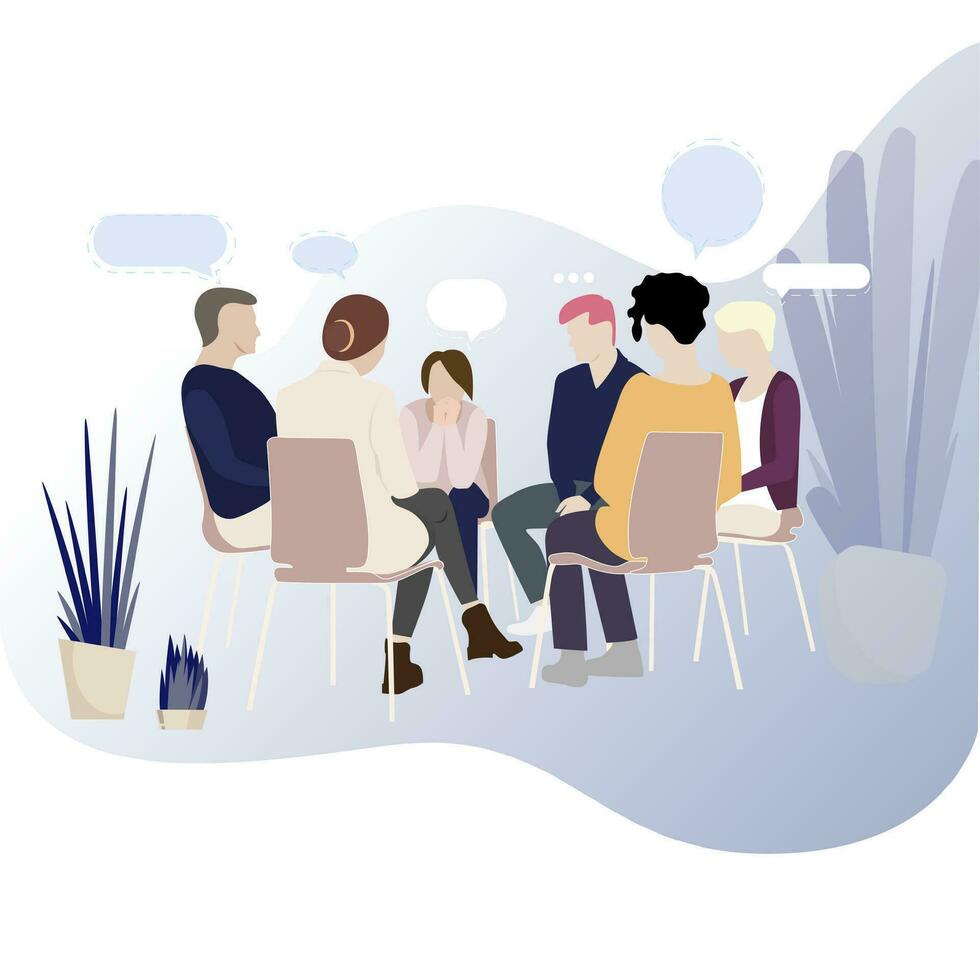 Gruppe Therapie zum Sucht Menschen, Unterstützung Treffen Psychologie. Illustration Gruppe Konversation Psychotherapie, Therapie Session Vektor, psychologisch Problem im Kreis Unterstützung vektor