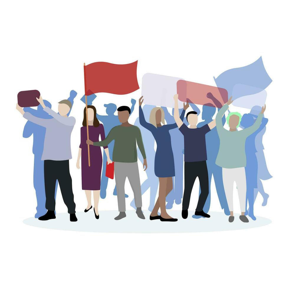 politisch März unterstützen ihr Kandidat. Demonstration und Rallye, Charakter Sozial männlich und Frau mit Flagge und Forderung, Streikposten Aktivist Protest, zeigen Banner und Motto. Vektor Illustration