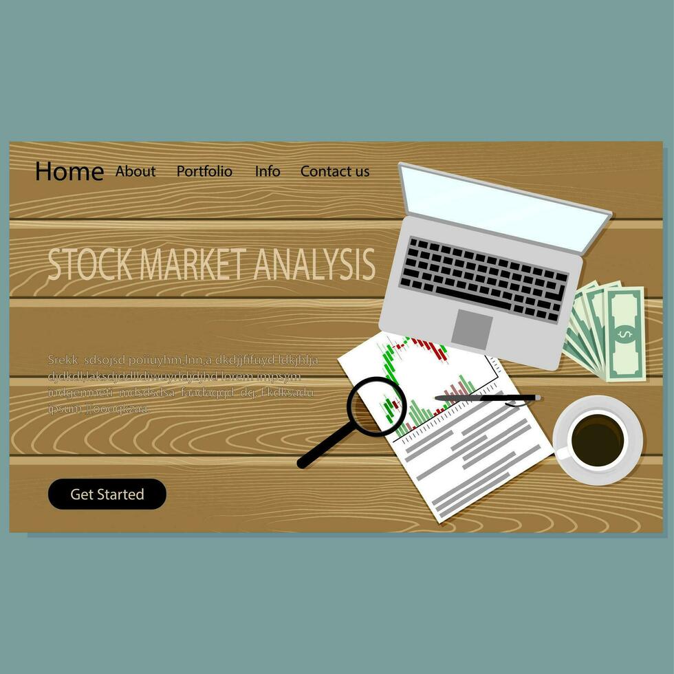 stock marknadsföra analys, landning sida hemsida. finansiell investering, handel företag, vektor illustration. förvaltning finansiera analys