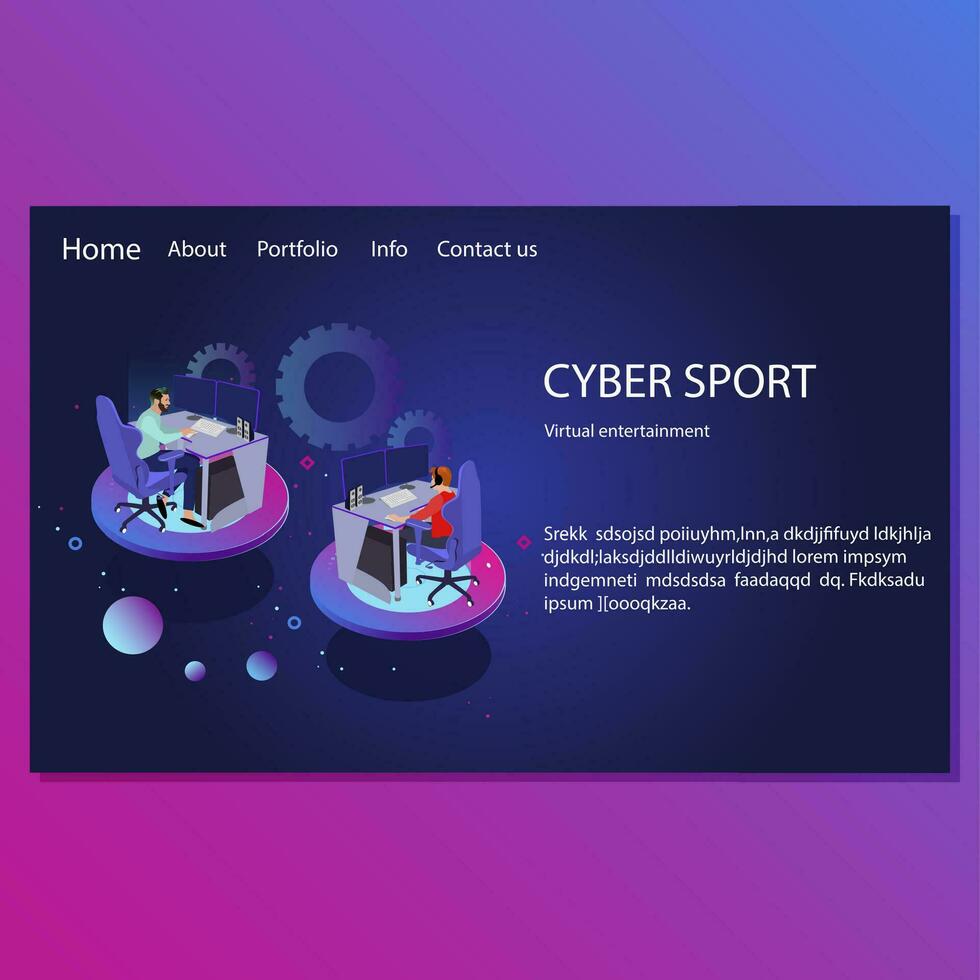 Cyber Sport Landung Buchseite. virtuell Unterhaltung. Illustration Multiplayer und Cyber Wettbewerb, Spieler Unterhaltung Verein Webseite Vektor