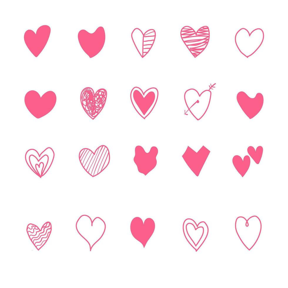 uppsättning av hand dragen klotter rosa hjärtan isolerat på vit bakgrund. vektor illustration