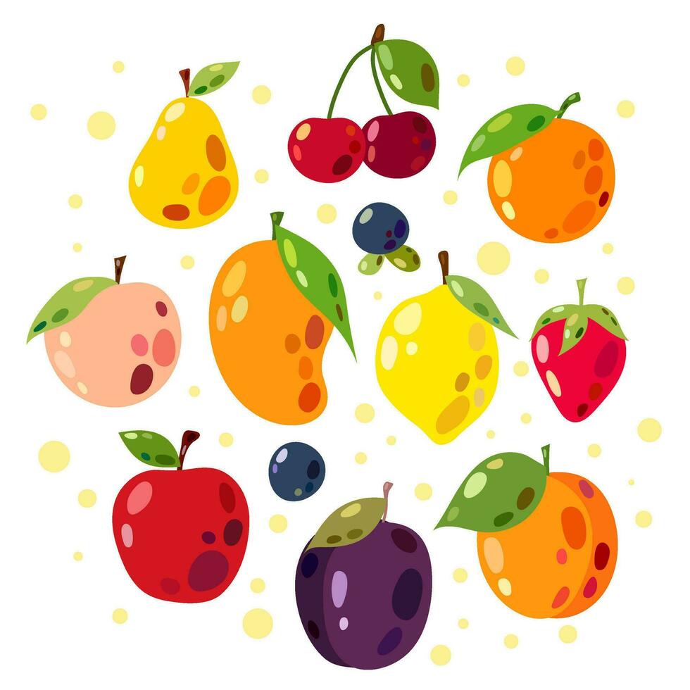 einstellen von Vektor Abbildungen von Früchte im eben Stil auf ein Weiß Hintergrund. Früchte, Essen, Vitamine.
