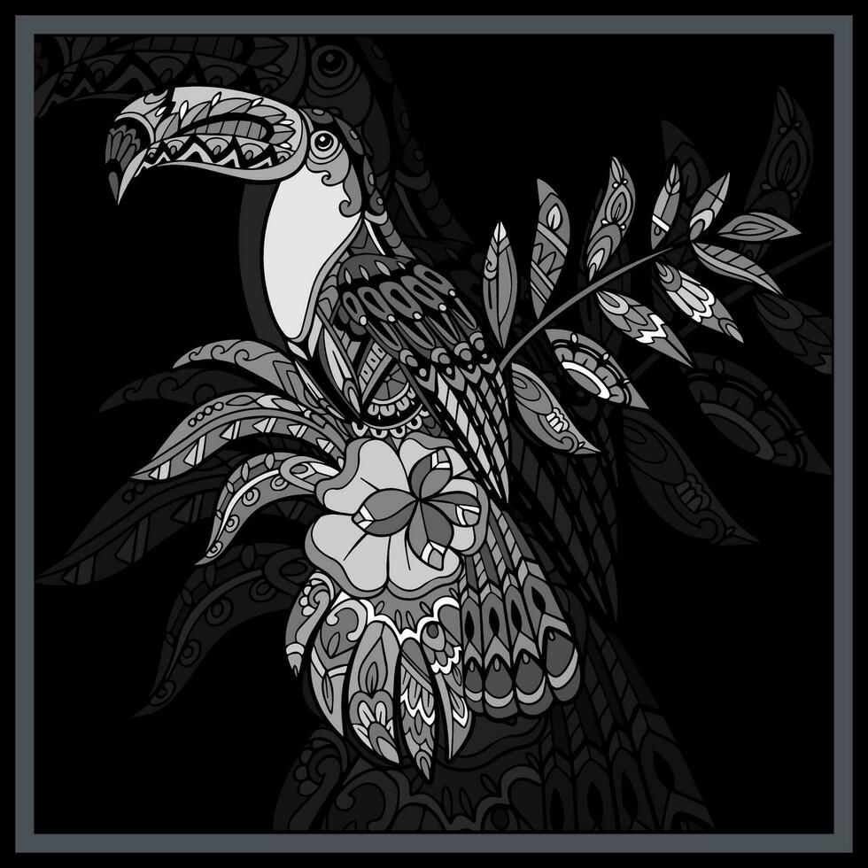 svartvit toucan fågel mandala konst. vektor