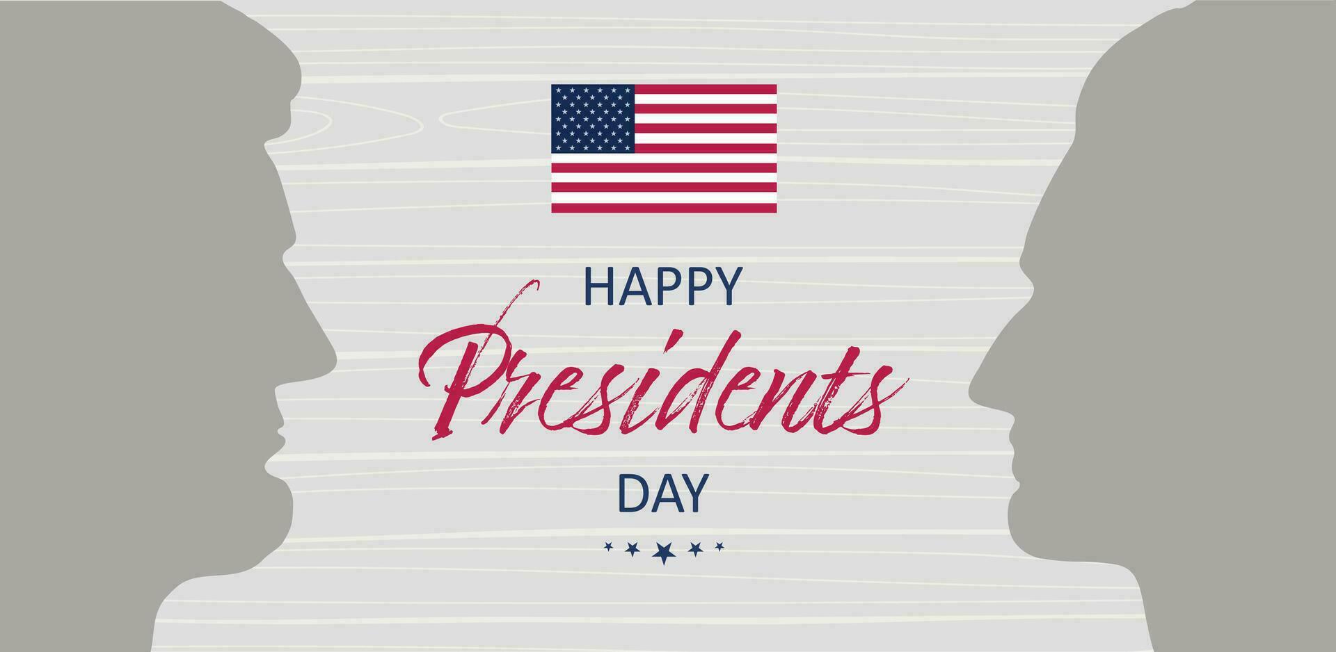 Lycklig presidenter dag baner. Grattis på de statlig Semester i amerika. baner med silhuetter av ansikten oss presidenter. profil Lincoln, Washington på trä- bakgrund. vektor