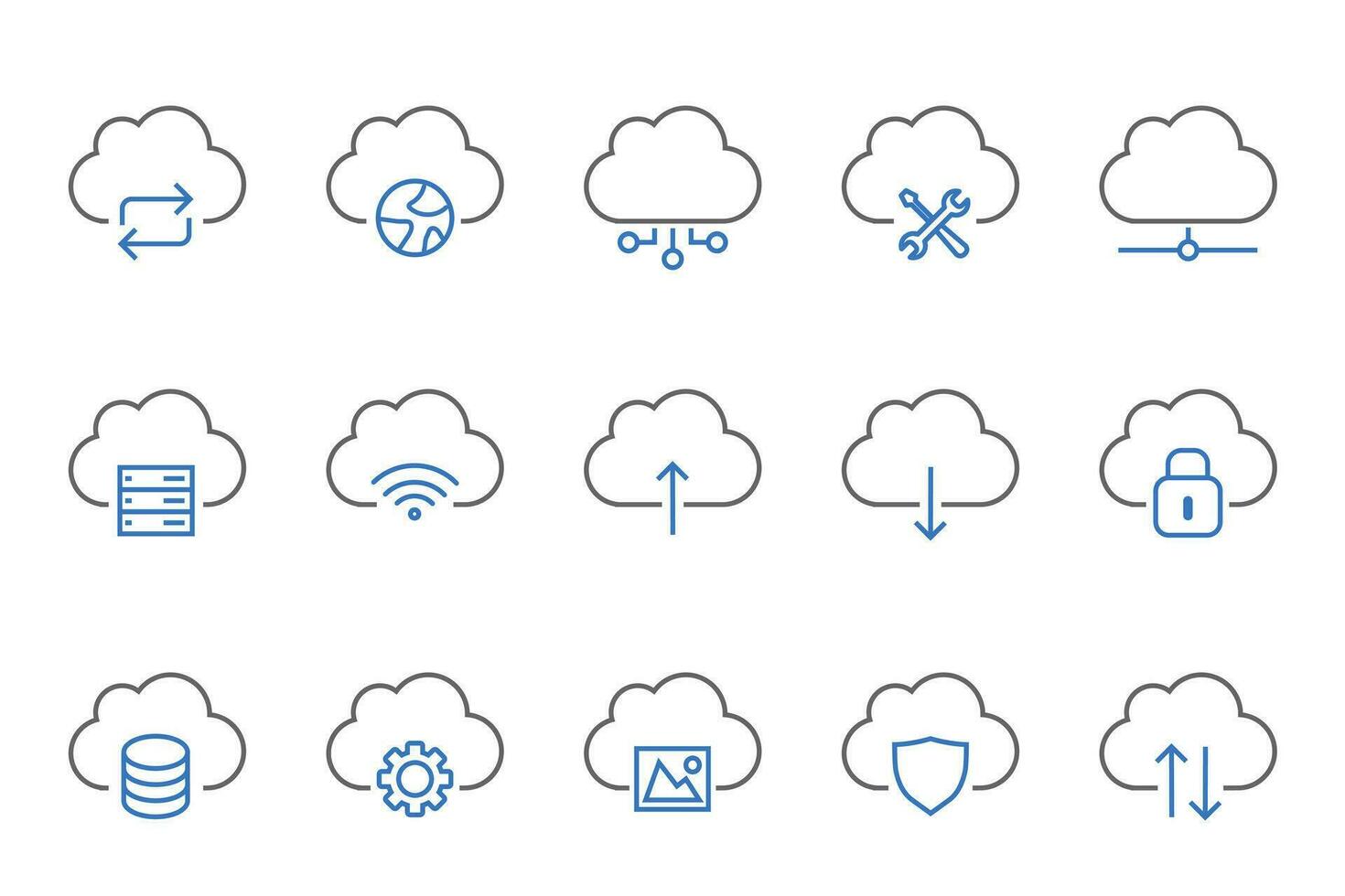 uppsättning av 15 linje ikoner relaterad till data utbyta, trafik, filer, moln, server. översikt ikon samling.. vektor illustration