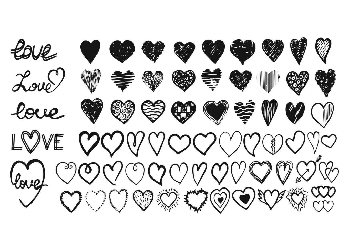 vektor svart och vit hand dragen uppsättning med hjärtan. design element för valentine dag.