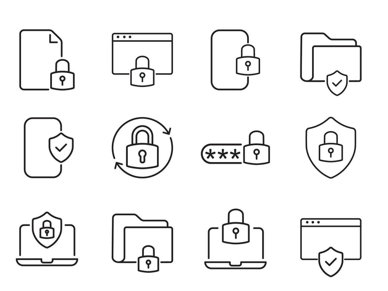 ikon uppsättning säkerhet, säkerhet, skydd tunn linje ikoner. för marknadsföring design av webbplatser, logotyper, appar, mallar, ui, etc. vektor illustration. eps 10