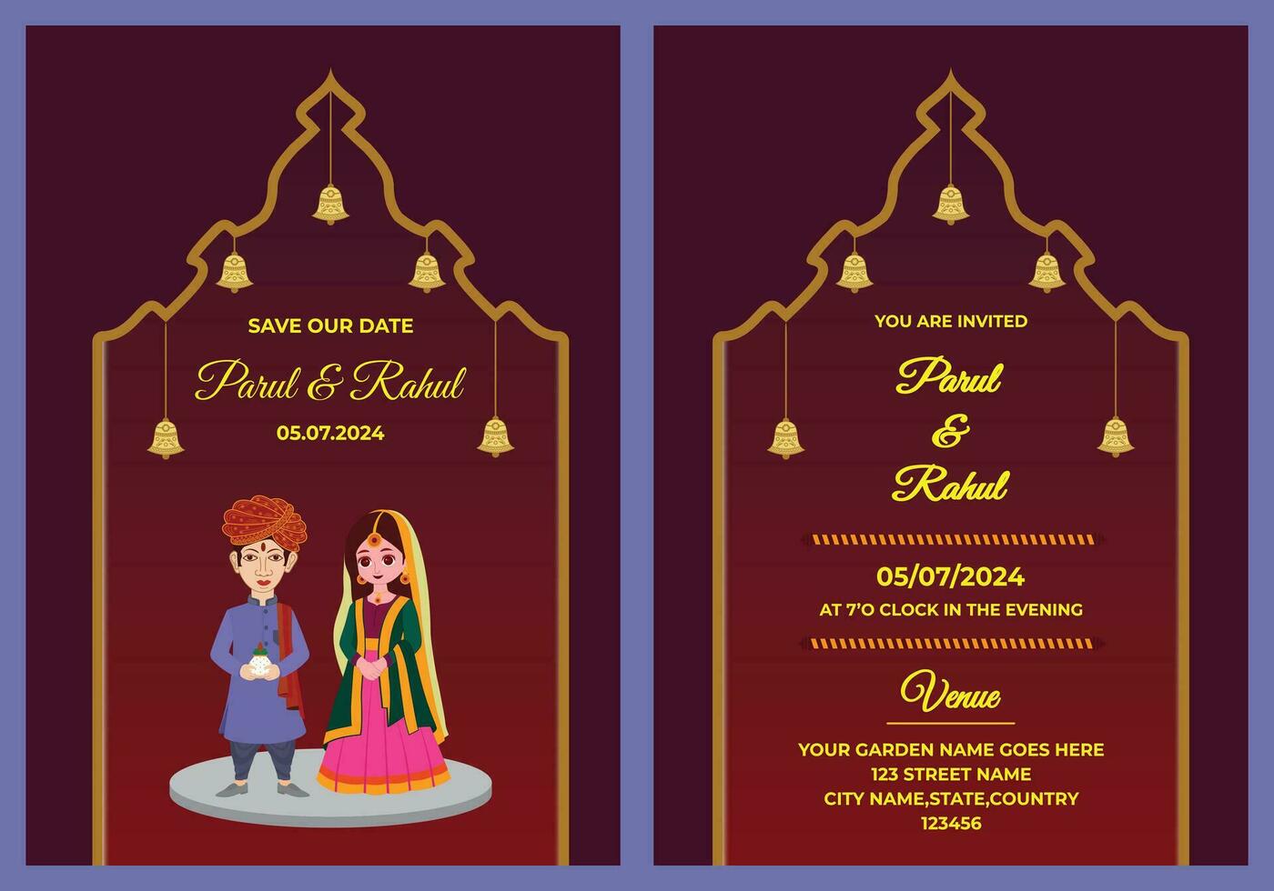 indisk bröllop inbjudan kort mall layout med hindu par och händelse detaljer vektor