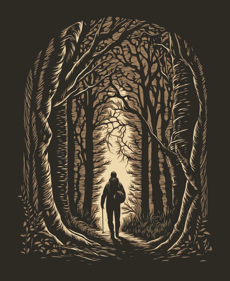 vandring i de skog. vektor illustration av en man gående i de skogen.